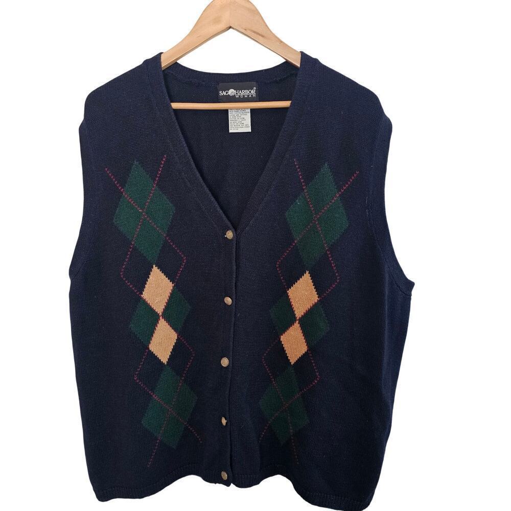 Vintage Sweater Vest Womens Sz 2X Blue Y2K Argyle Twee Preppy Granny Academia